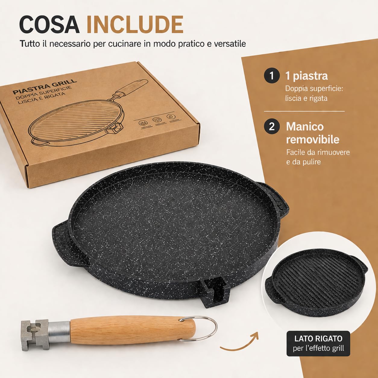 Generico Padella piastra in alluminio 32 cm bistecchiera grill con superficie rigata, doppia funzione liscia e griglia, manico removibile, ideale per carne verdure e cottura su fornello