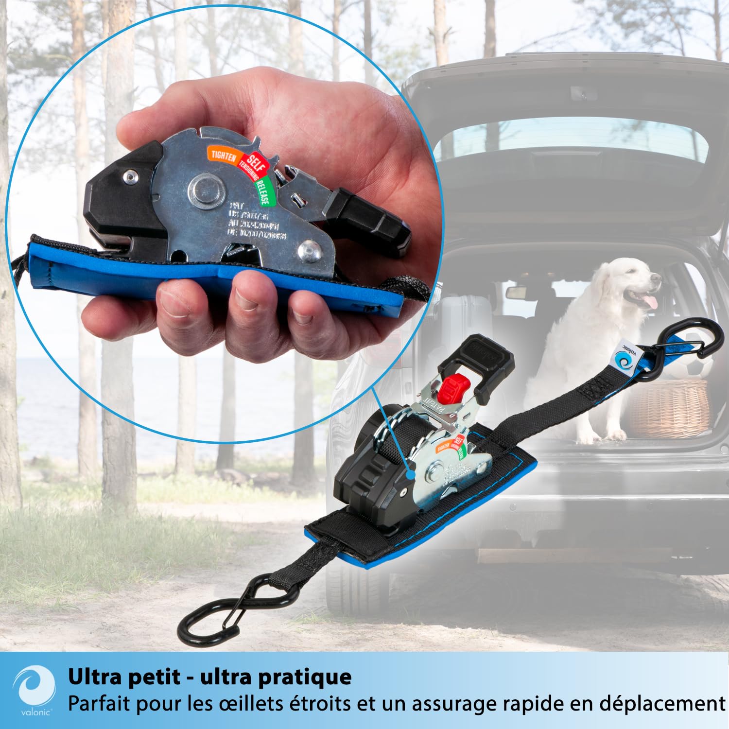 valonic Fox 2 m, Mini Sangle a cliquet, pour arrimer en remorque, Lot de 2, 150 kg Force d’arrimage, 19 mm, cliquet caoutchouté