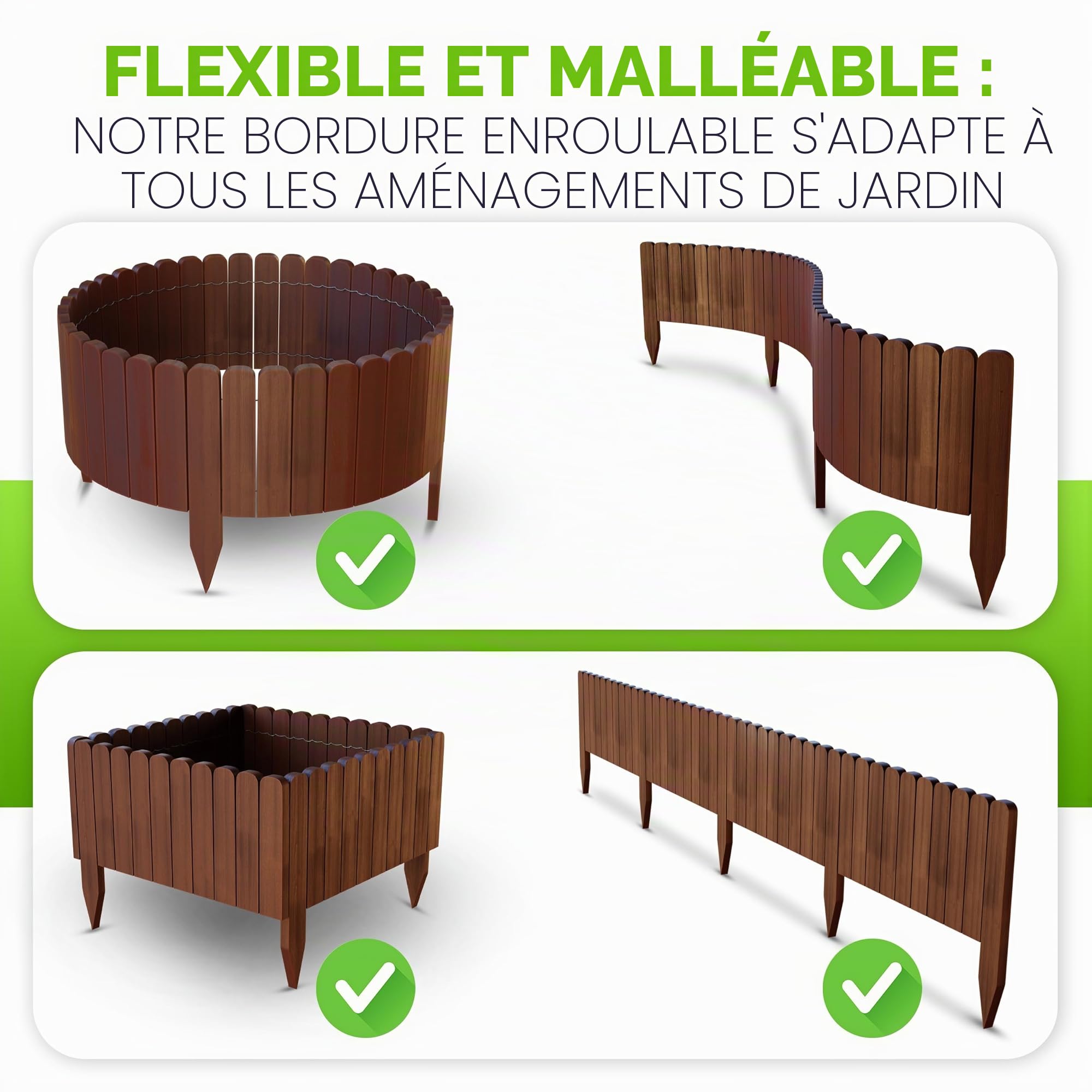 Gartenwelt Riegelsberger Planche à roulettes marron Longueur 203 cm Clôture Hauteur 40 cm Clôture en bois Bordure de pelouse Bois d'épicéa