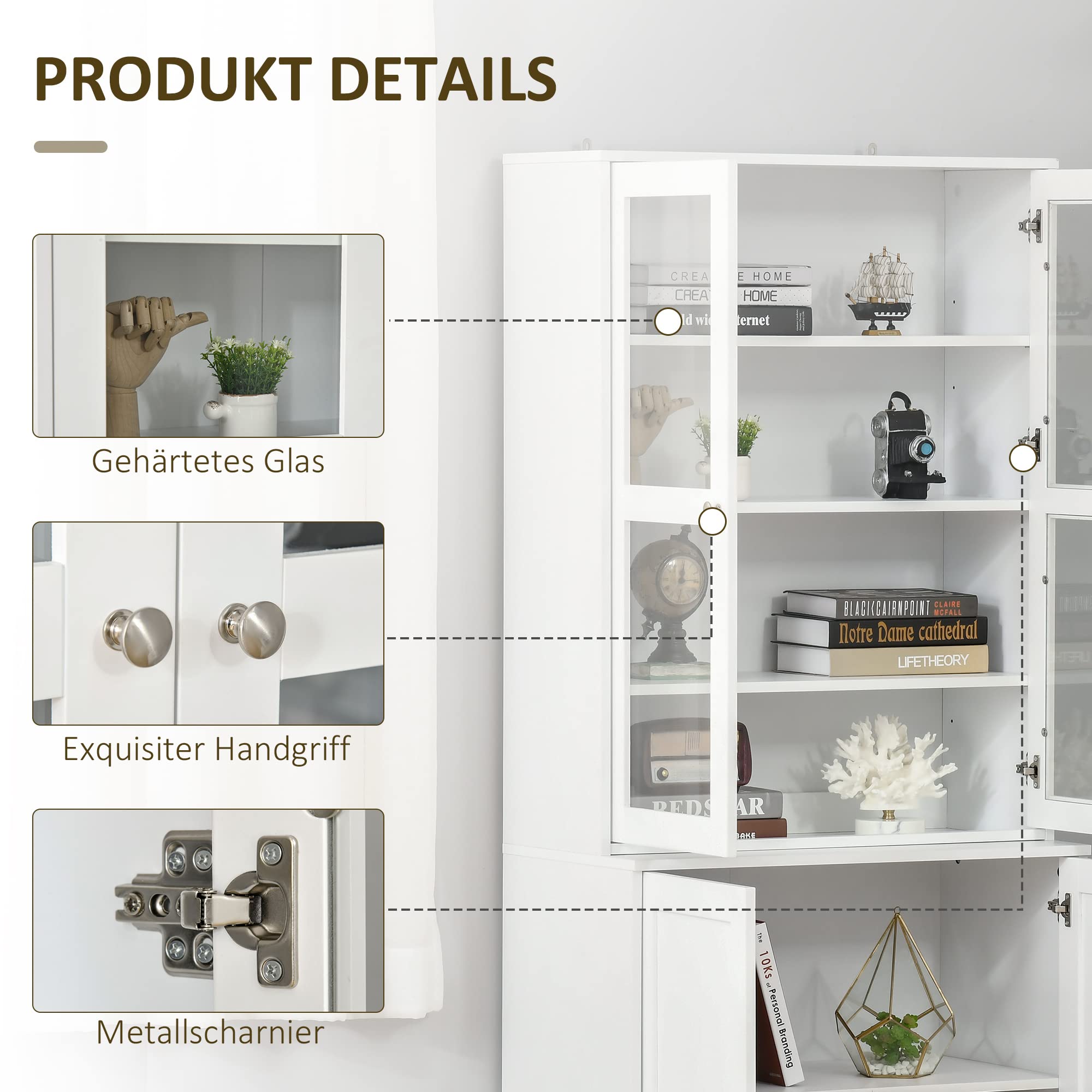 HOMCOM Bücherregal Bücherschrank mit 6 Fächern, Türen, Standregal Aufbewahrungsregal Bürporegal für Wohnzimmer, Büro 76x40x178,5 cm Weiß