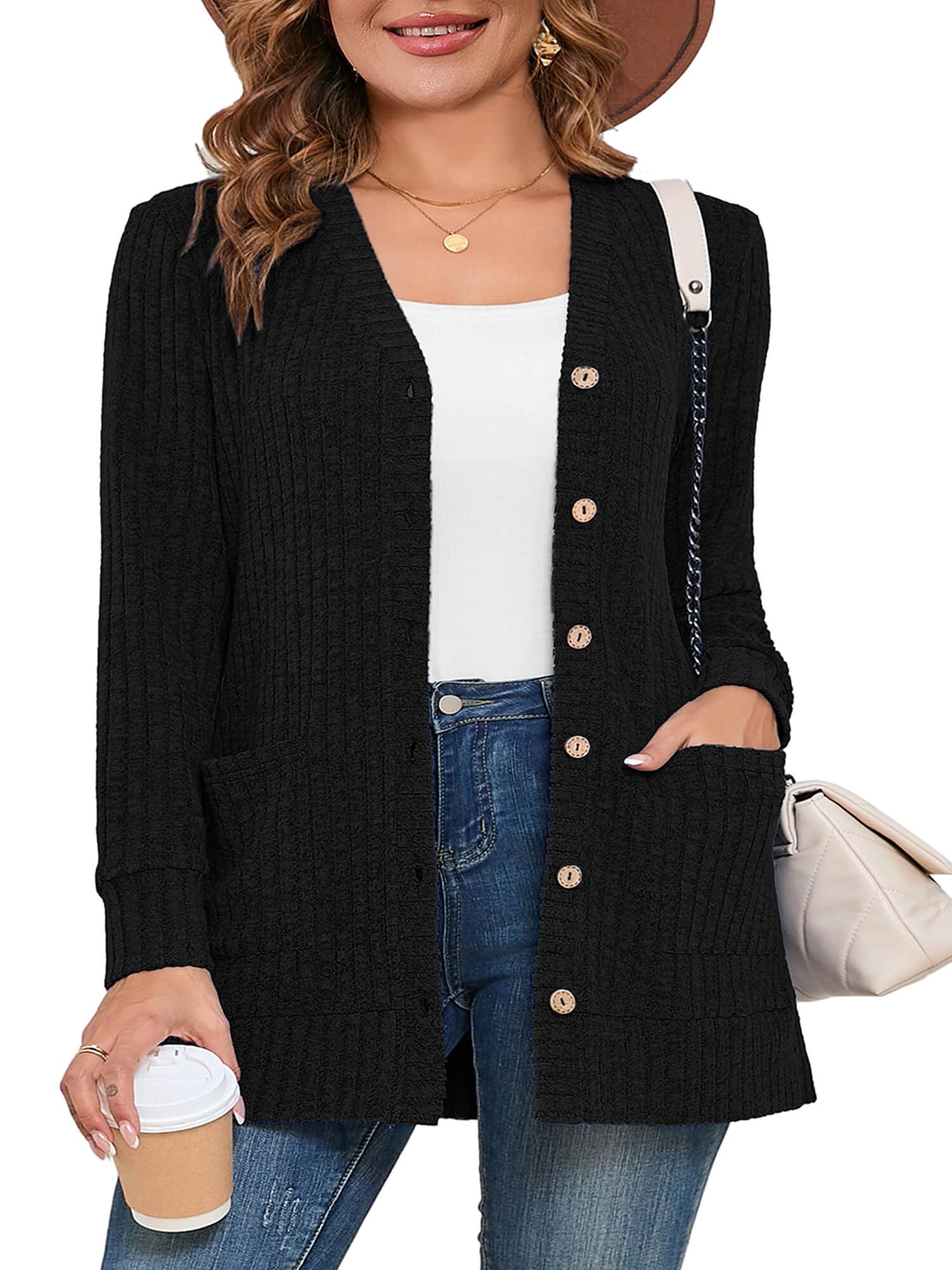 AusLook Plus Size Women Cardigan Long Sleeve Open Front Button Down Lightweight Casual Sweater with Pockets 1X-5X