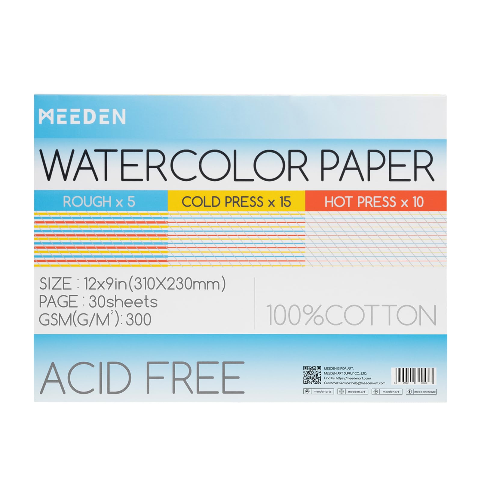 MEEDEN Blok papieru akwarelowego – 3 tekstury, 100% bawełna, 30 arkuszy, 300 g/m², bezkwasowy papier artystyczny do akwareli, gwaszu, tuszu i innych, 23 × 30 cm