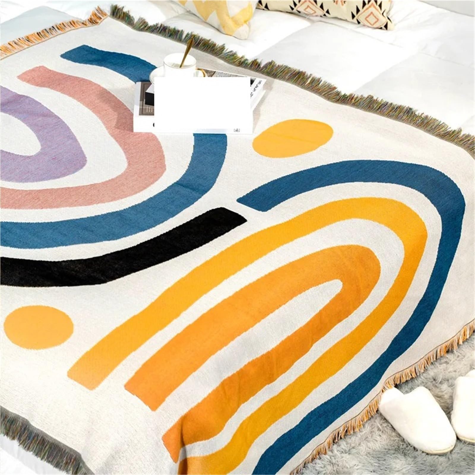 Couverture de pique-nique, tapis de camping, tapisserie jacquard, serviette de canapé simple, couverture de pique-nique multifonctionnelle pour l'extérieur, pour le jardin (160 x 130 cm) (blanc 90 x 9