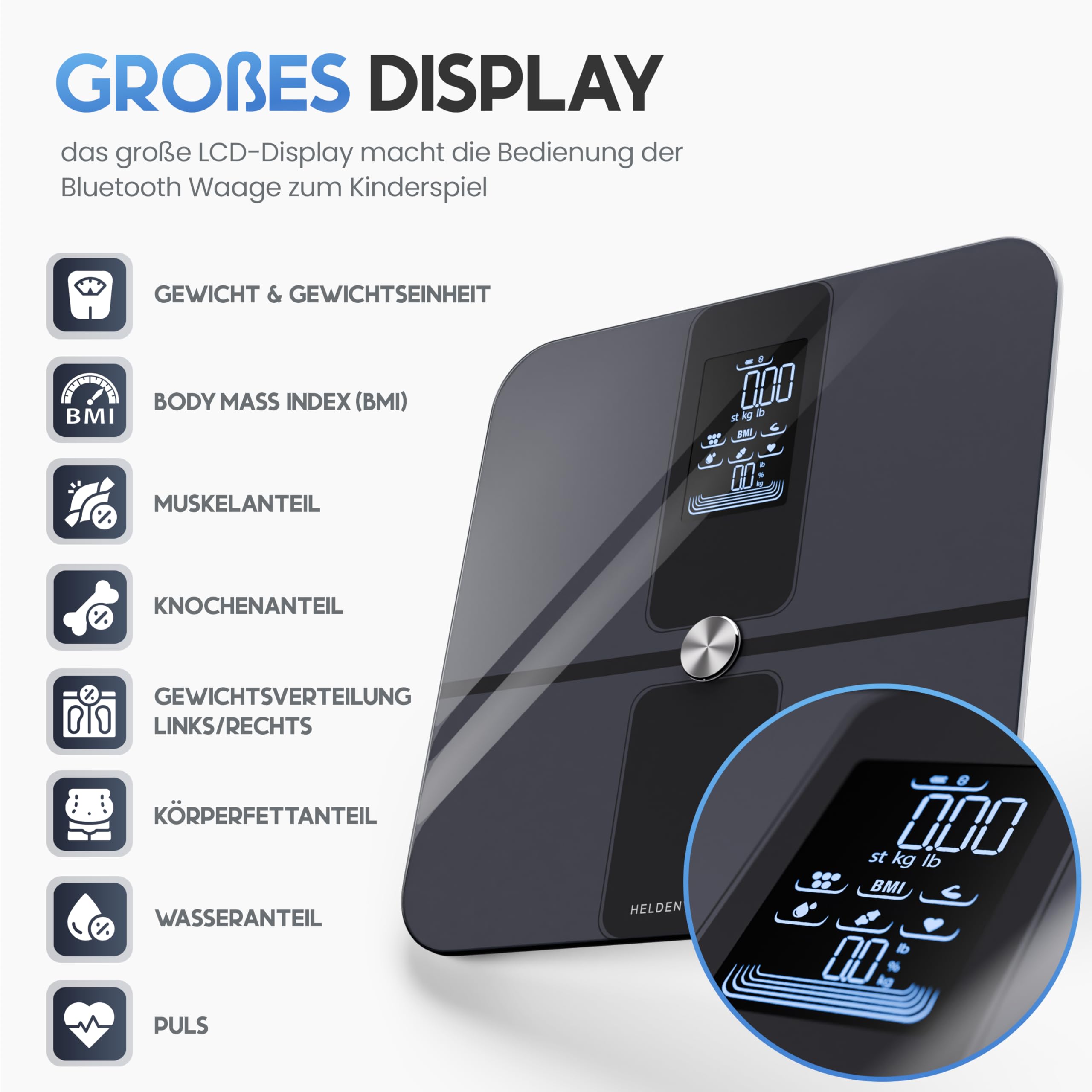HELDENWERK Personenwaage Körperfettwaage, Waage Personen mit App & Vollflächensensor 180 kg/400 lbs, Körperwaage Digital, Bluetooth Körperanalysewaage für Körperfett, BMI, Muskelmasse, Protein, BMR