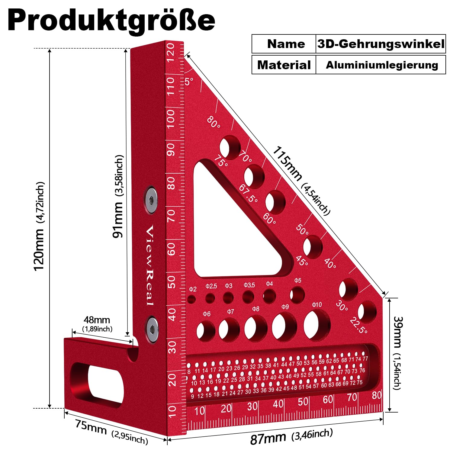 Righello 3D in alluminio, 8,7 cm, quadrato, 22,5-90, strumento di layout ad alta precisione per falegnami, ingegneri