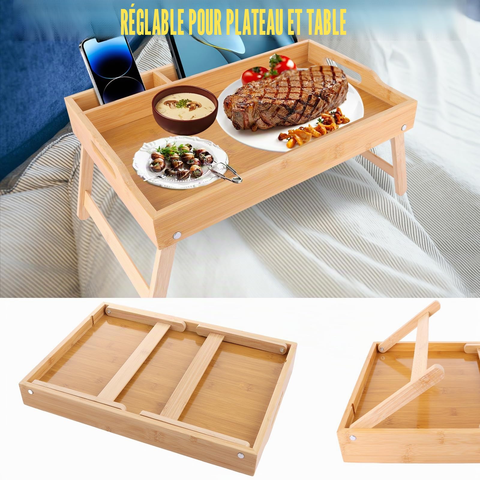 SHUESS Lot de 2 plateaux de lit en bambou - 41,5 x 30 x 20,5 cm Plateau de petit-déjeuner avec pieds pliants - Plateaux pour manger sur les genoux avec emplacement pour appareils multimédia, idéal