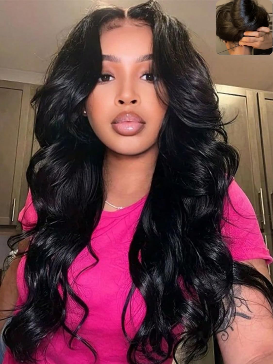Nadula Glueless 5x5 Thin HD BlendAway Body Wave Drawstring Wig Human Hair with Face Framing Curtain Bangs,Classic Layered Bye Bye Knots Wigs Pre Cut/Plucked/Bleached Match All Skin Tones 18inch