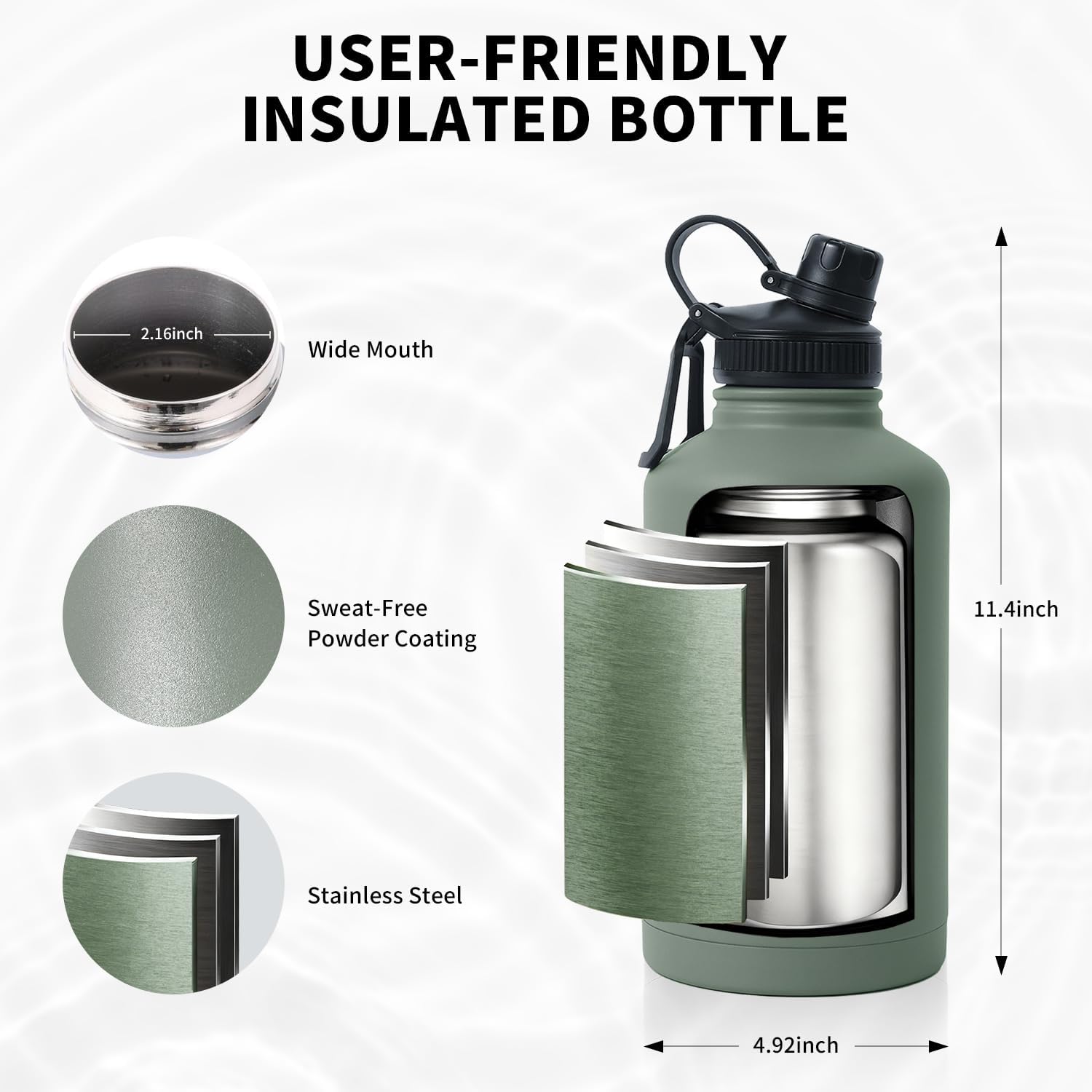 MOON LENCE Insulated Water Bottle, 64 oz Battle Water Jug with Molle Sleeve, Stainless Steel Water Bottles with Changeable Lids, Tactical Water Bottle for Camping, Hiking, Gym Green