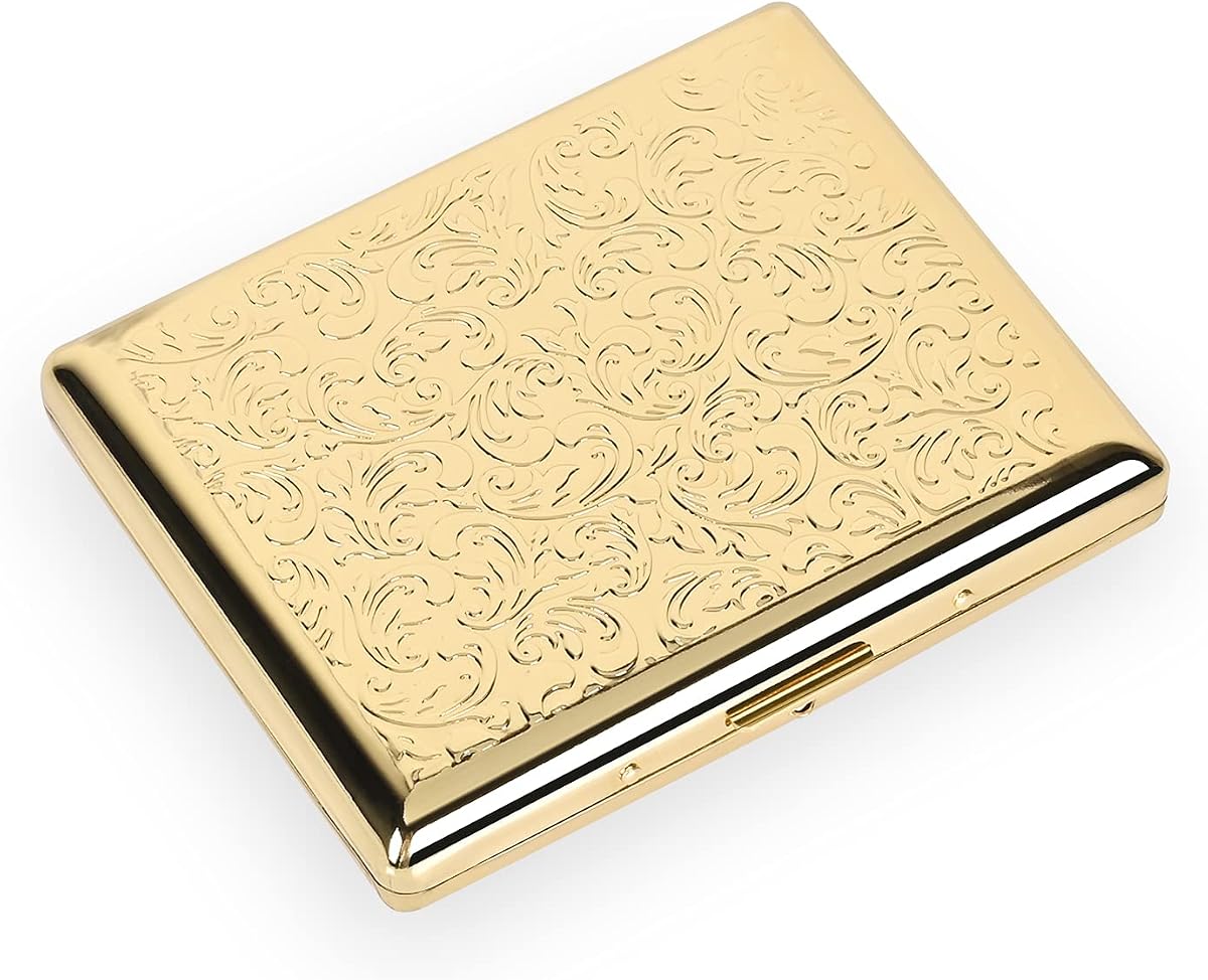 Stylish Design Retro Metal Cigarette Case -Double Sided Spring Clip Open Cigarette,Pocket Holder Credit Card Holder Protective Security Wallet for Men and Women,Holds 18-20 100mm (Vine Gold)