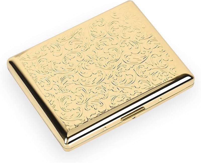 Stylish Design Retro Metal Cigarette Case -Double Sided Spring Clip Open Cigarette,Pocket Holder Credit Card Holder Protective Security Wallet for Men and Women,Holds 18-20 100mm (Vine Gold)