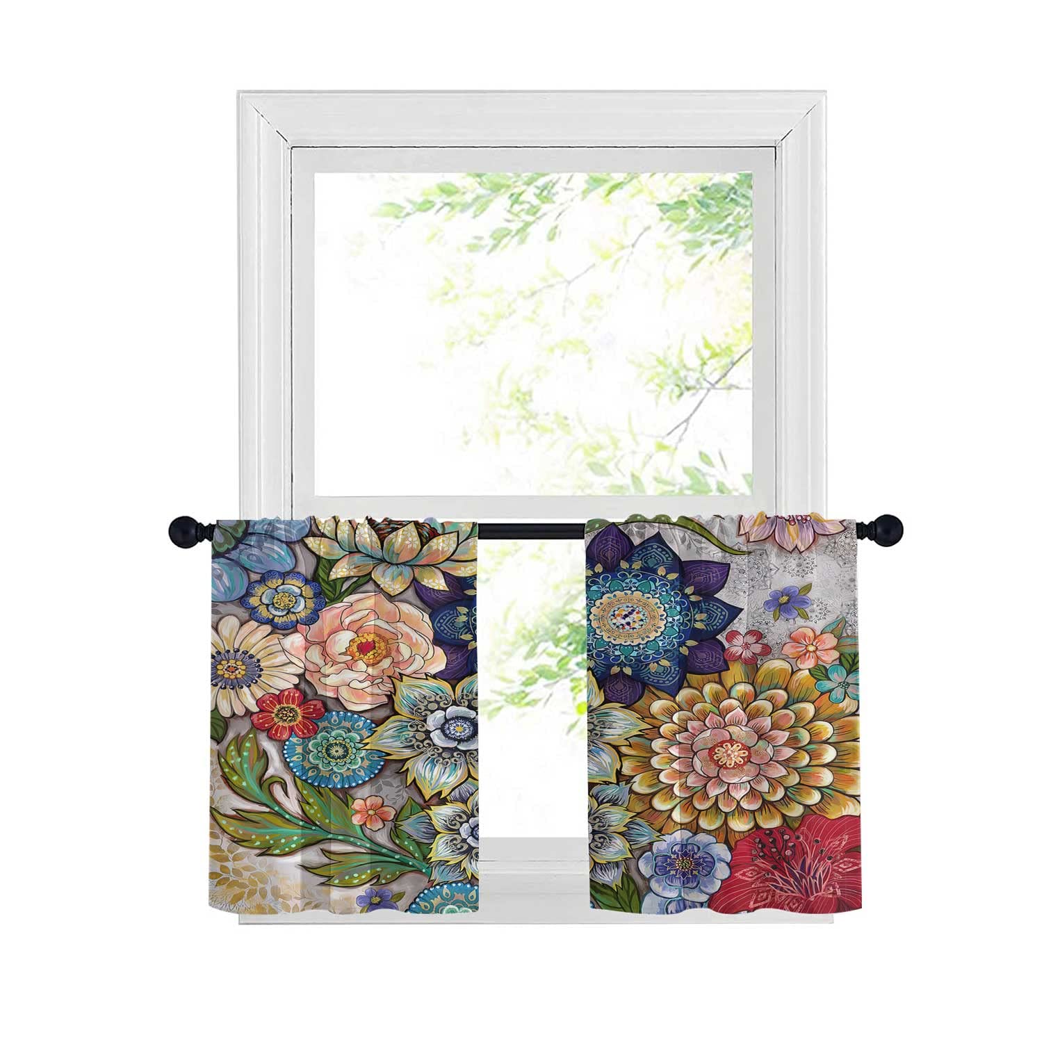 SongYi Boho Short Curtains, Blackout Insulated Curtain for Kitchen Bathroom Bedroom, Floral Bohemia Pattern Rod Pocket Fabric Window Drapes 2 Panel