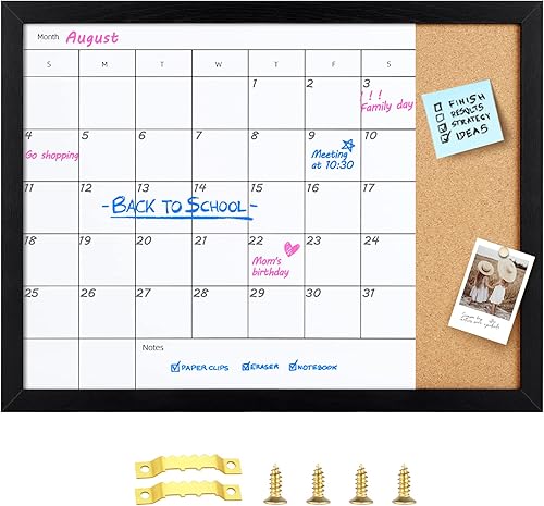 Pizarra de borrado en seco y tablero de corcho, calendario mensual de superficie magnética, pizarra blanca y tablero de anuncios, calendario