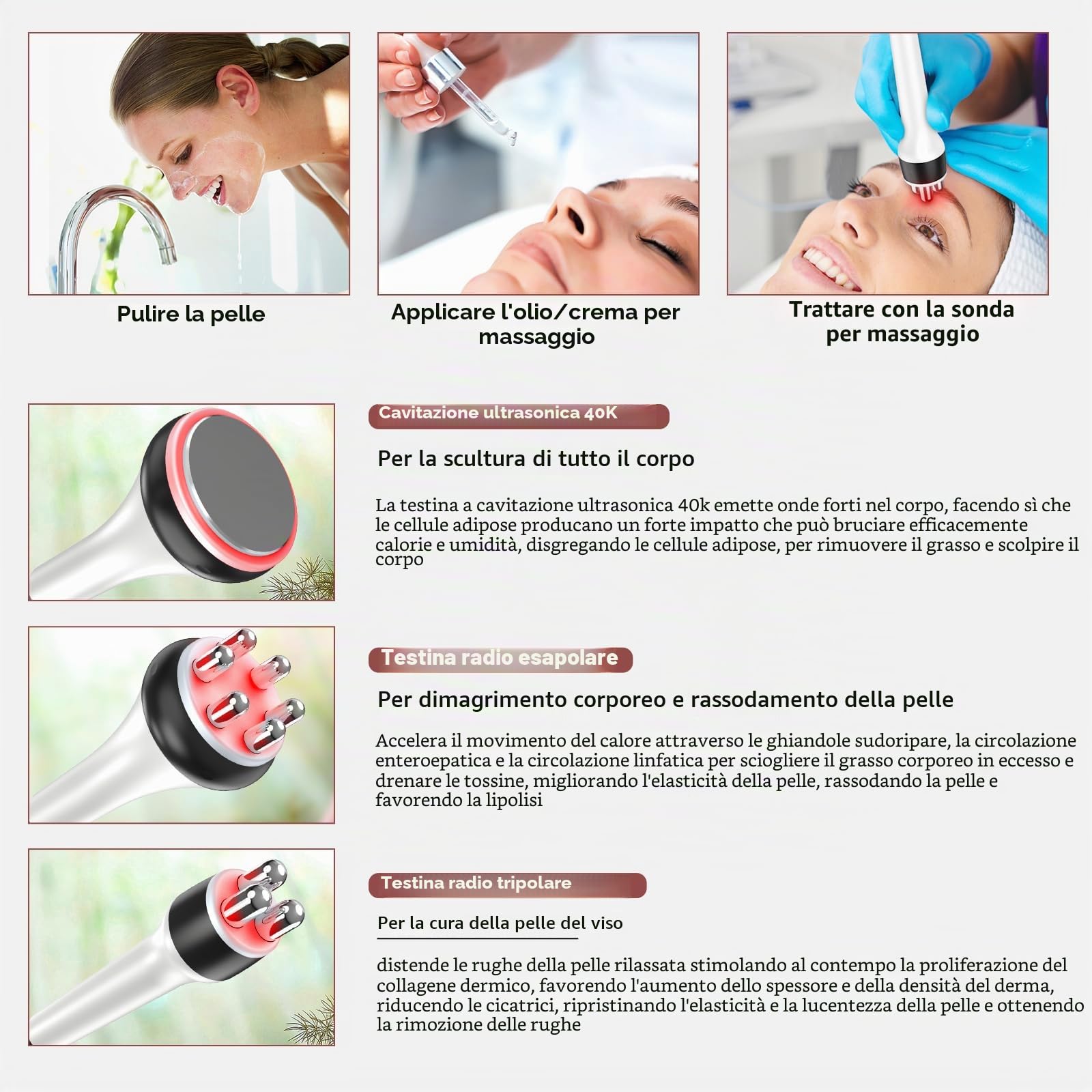 Cellulite 3 in 1 40K Cavitazione e radiofrequenza | RF, coppette corpo e viso, modellamento, cura delicata a casa