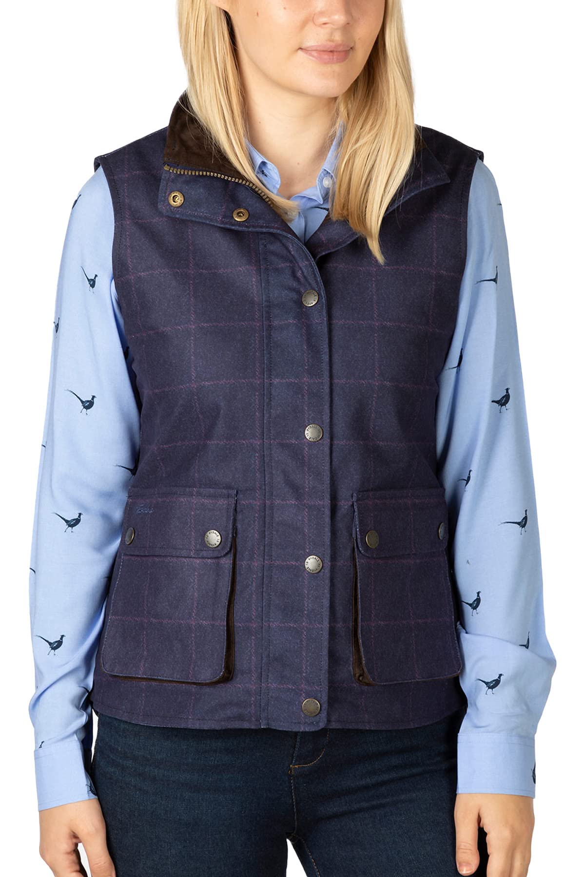 Ladies Tweed Print Waterproof Gilet Womens Tweed Waistcoat Hunting Vest Bodywarmer 2 Colours (as8, numeric, numeric_14, regular, regular, Navy)