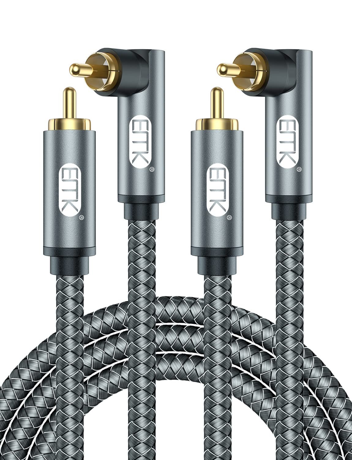 EMK Cavo RCA a 90 gradi, da maschio a maschio, cavo coassiale digitale ad angolo retto, cavo audio RCA a doppia schermatura, con connettori placcati oro, confezione da 2 (5 m, 2 cavi RCA a 90°, nero)