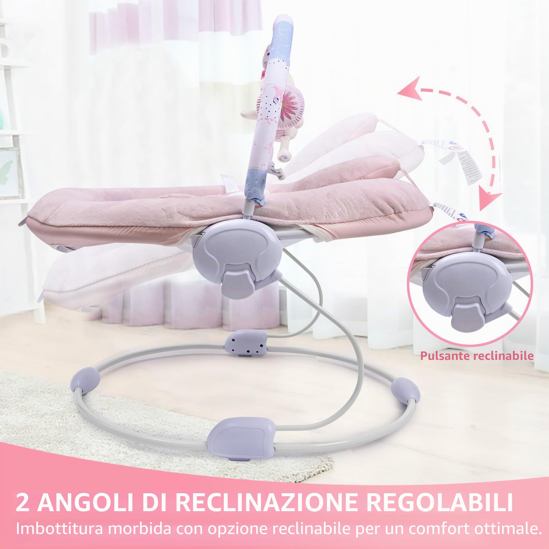 LADIDA Sdraietta morbida e imbottita con musica rilassante e vibrazioni, motivo coniglio rosa, adatto per neonati