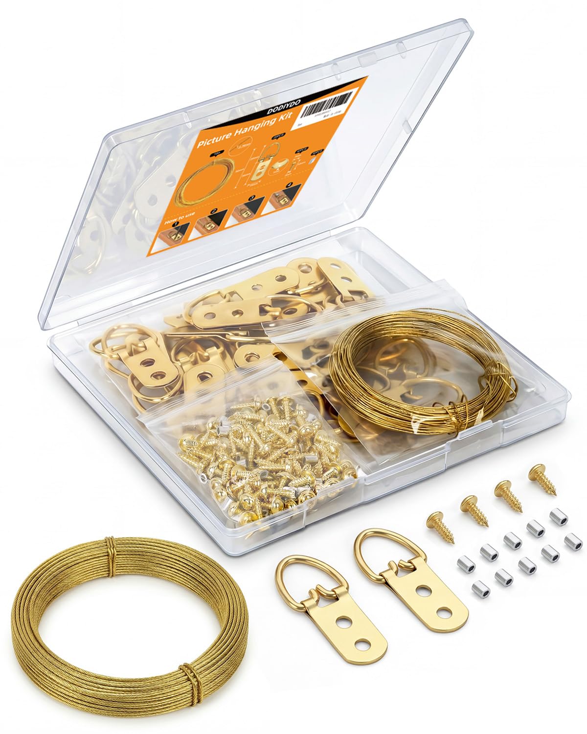 40 Sets Picture Hooks with 20 Metres Wire and Screws, 2-Hole D-Ring Heavy Duty Frame Hangers, Picture Hanging Kit for Mirrors, Clocks, Paintings, Artwork and Photo Frames ( B:Golden )