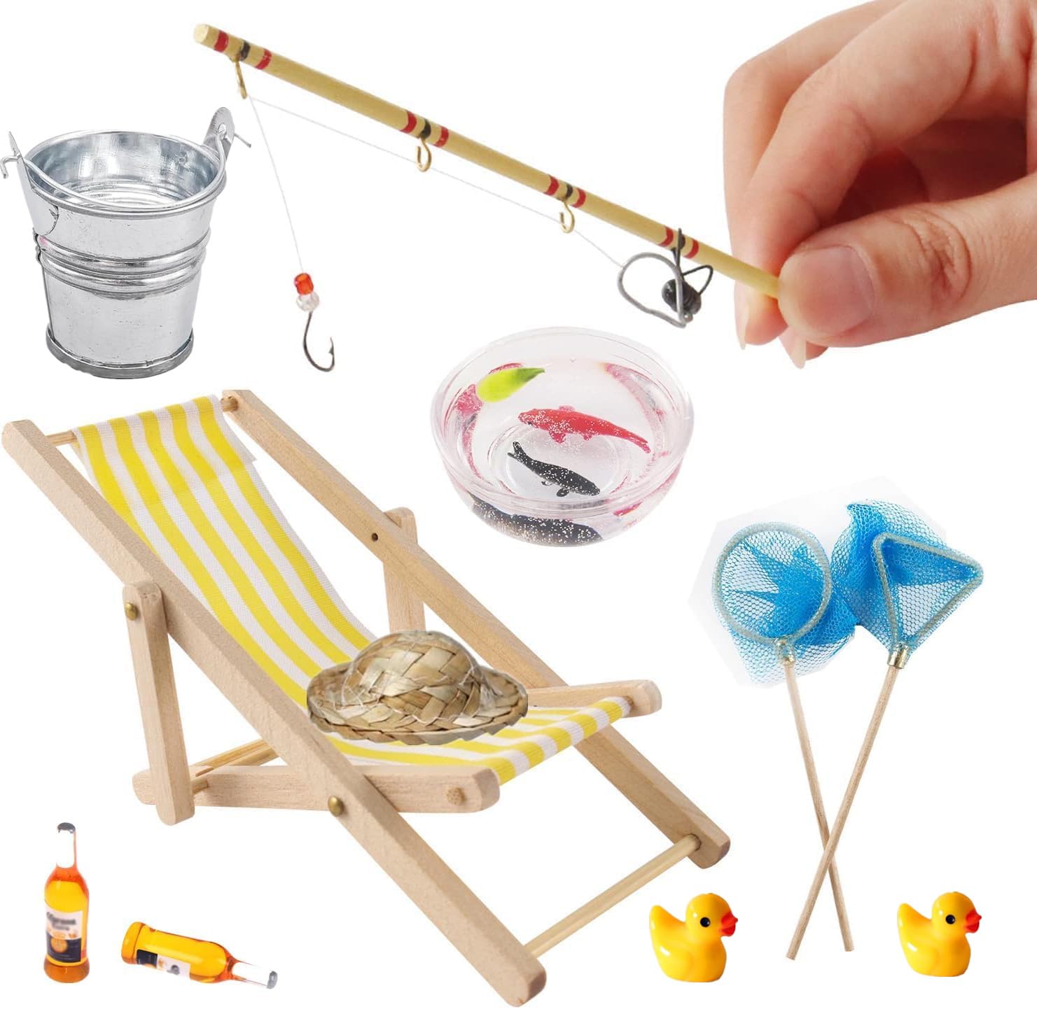 Super Idee Miniature Fishing Rod Set of 11 Fishing Chair Fishing Net Straw Hat Fish Bowl with Fisherman Fishing Cake Topper Cake Decoration Miniature Gnome Accessories Decorations for Gnome Doors