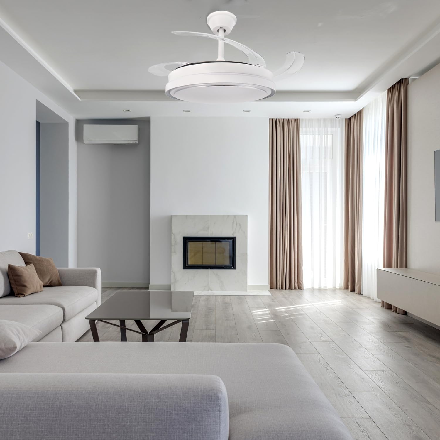 M mimotec -Ventilatore da Soffitto White Hood 70W con Luce LED Regolabile CCT, Motore DC 30W a Basso Consumo + LED 40W, 6 Velocità, Silenzioso, 4 Pale Retrattili, Estate/Inverno, Timer, Telecomando