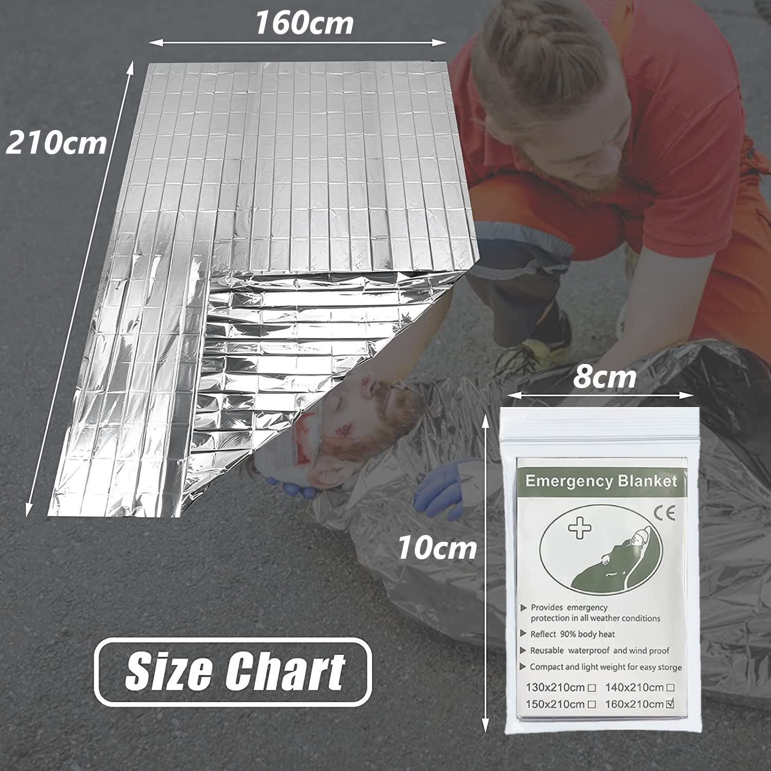 Manta Térmica de Emergencia Mylar 160x210cm Plateada Altamente Reflectante para Acampar