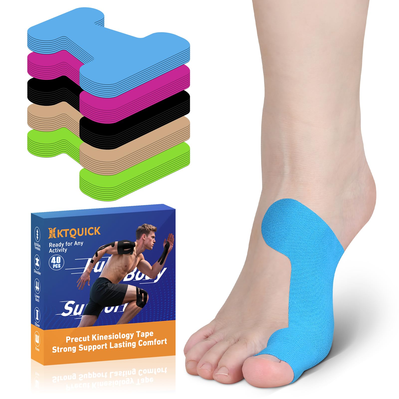 KTQUICK Precut Bunion Tape for Big Toe, 40 PCS, 20% Stronger Adhesive, Blue