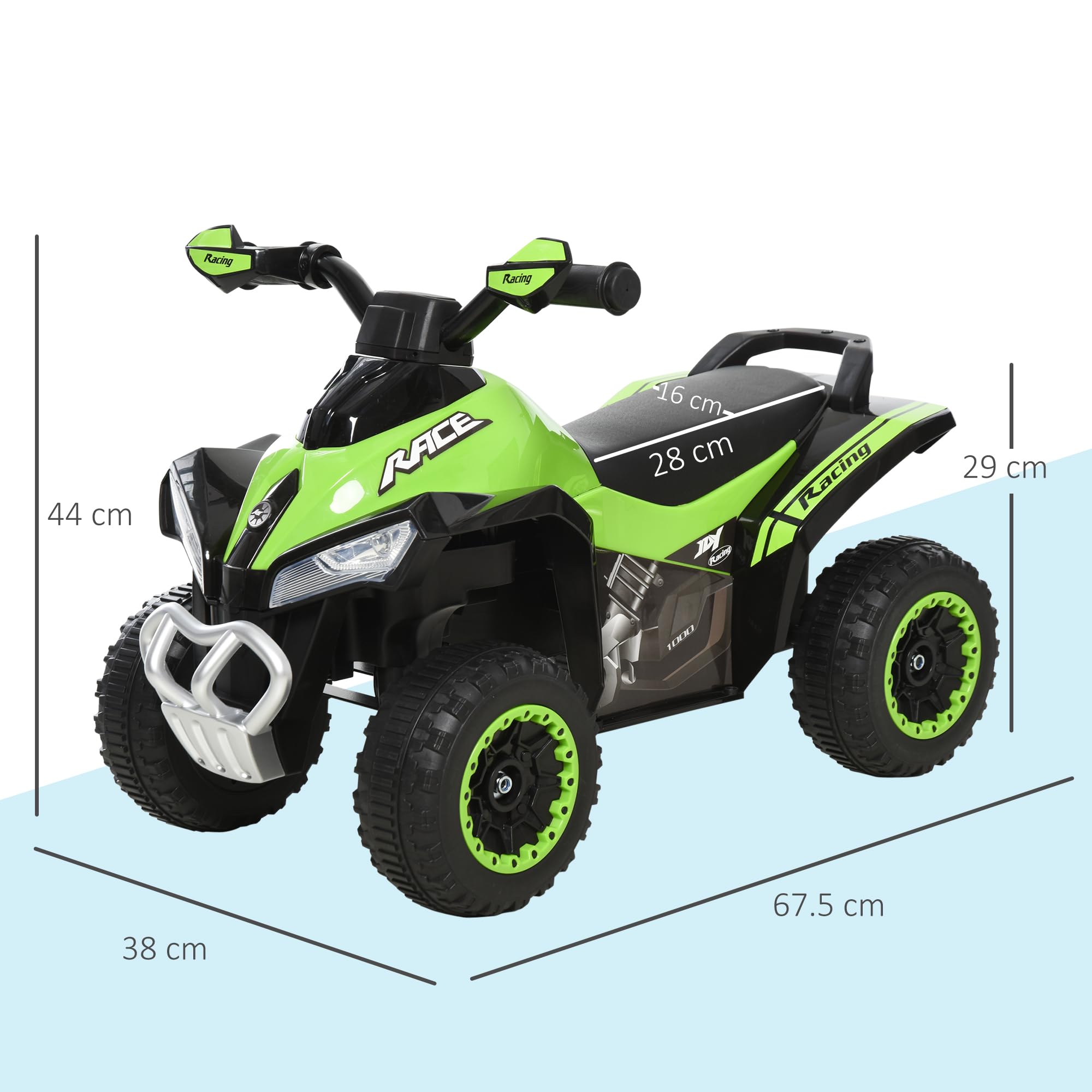 HOMCOM Macchina Cavalcabile per Bambini 18-36 Mesi in PP e Metallo, Mini Quad per Bambini a Spinta Manuale con Musiche Integrate, Fari Funzionanti e Manubrio Ampio, 67.5x38x44cm, Verde