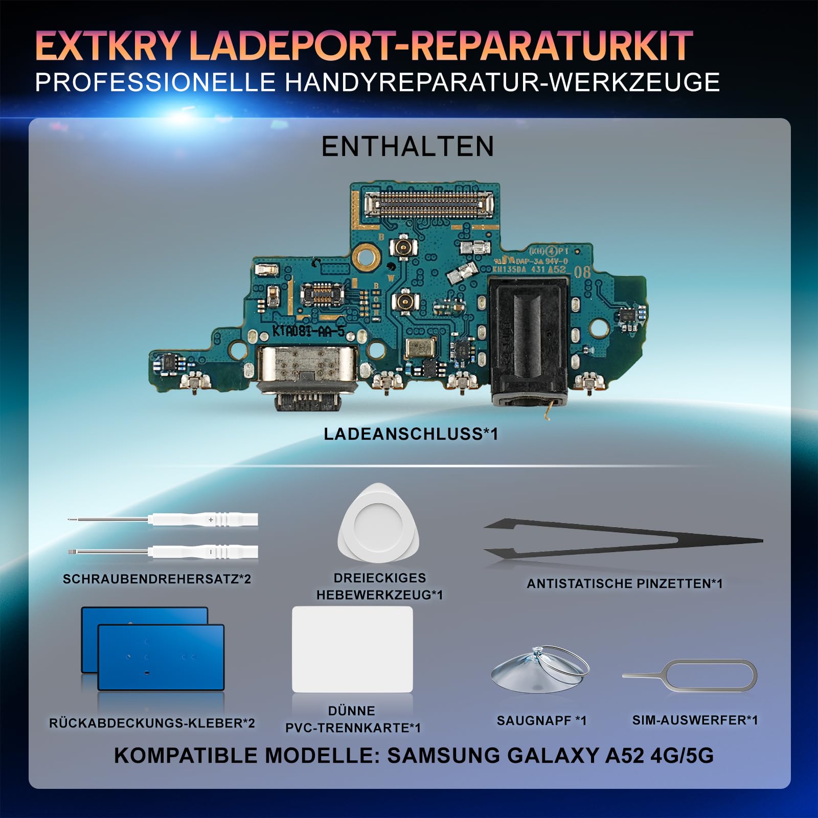 Ladebuchse Ersatz für Samsung Galaxy A52 4G/5G, Reparaturset | Ladeanschluss Dock Connector mit Mikrofon, Charger Repair und Reparaturset mit Werkzeugen.