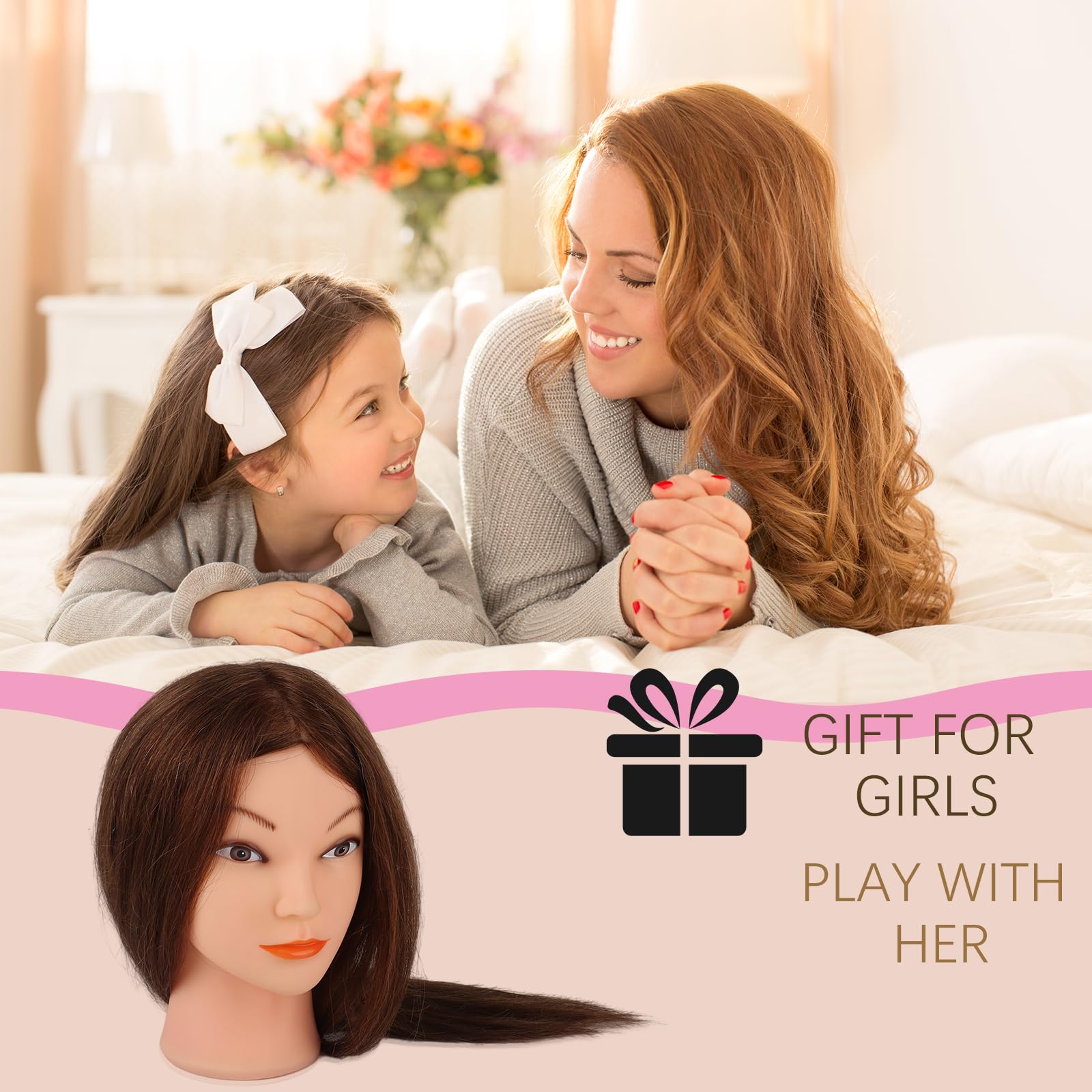 Cabeza Maniquí de Peluquería con Pelo Natural 100%, Marrón, 45cm | Cabeza Mujer Peluqueria Académica, Muñeca para Peinar Cabello Humano, Usado para teñir el cabello y el cabello rizado