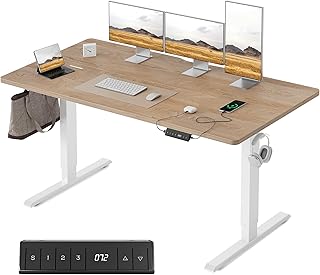 FEZIBO Bureau Électrique Réglable en Hauteur avec Ports de Charge USB-A et USB-C, 140 x 70 cm, Bureau Assis Debout, Ergonomique pour Télétravail, Planche Chêne Blanc