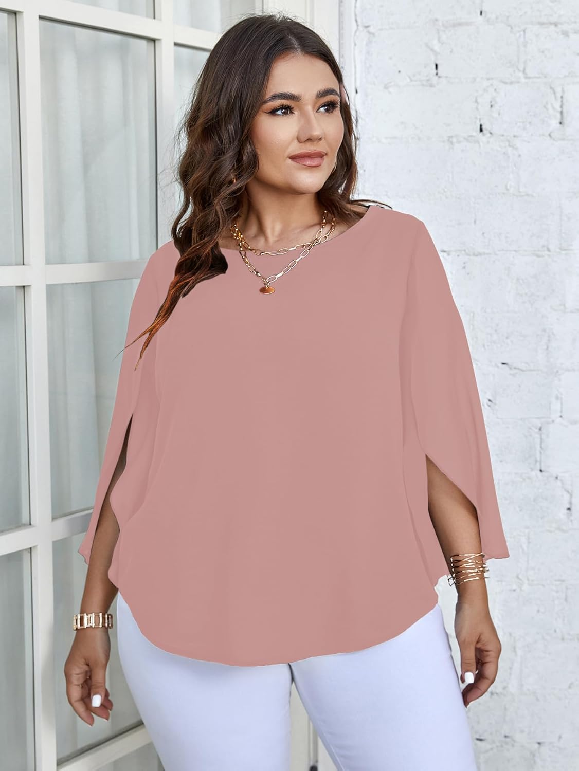 SCOMCHIC Plus Size Blouses for Women Summer Chiffon 3/4 Sleeve Tunic Tops Dressy Scoop Neck Casual Loose Flowy Shirts - Image 5