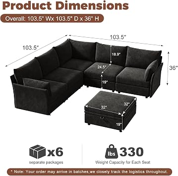 ABCASA Oversized Modular Sectional Sofa Black, L-Shaped Convertible Couch with Movable Ottoman, Large 6-Seater Corner Couches for Living Room Deep Seat Chenille
