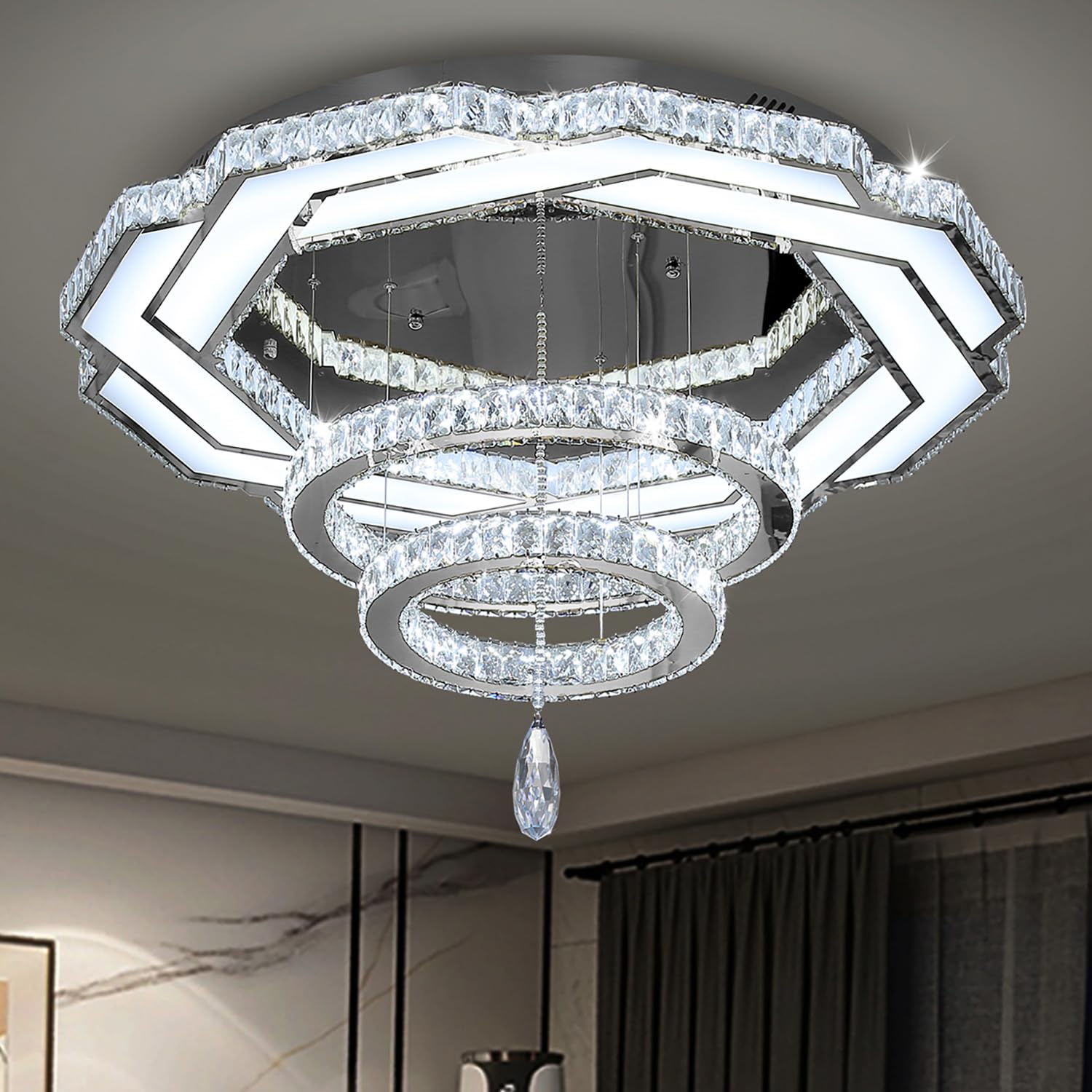 Crystal Chandeliers Dia 32" Silver Elegant Chandelier Flush Mount Ceiling Light for Bedroom Living Room Dining Room Hallway Dimmable 3 Rings LED Celing Lighting Fixtures