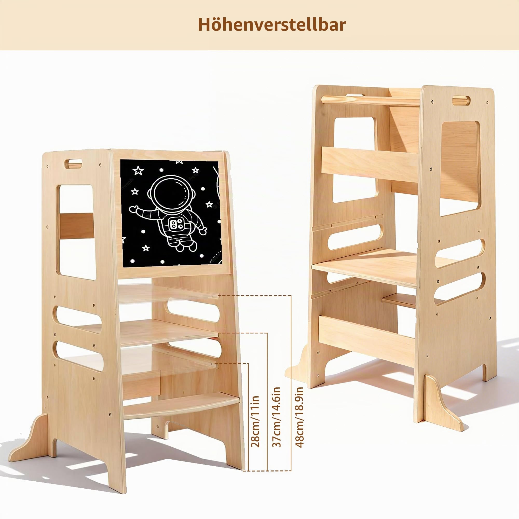 Montessori Kinder Lernturm ab 1 Jahr, 3-stufig höhenverstellbar, Learning Tower Küchenhelfer aus Holz für Kinder 1–5 Jahre – Mitwachsender Lern-Tritthocker mit Sicherheitsschiene für Küche & Bad