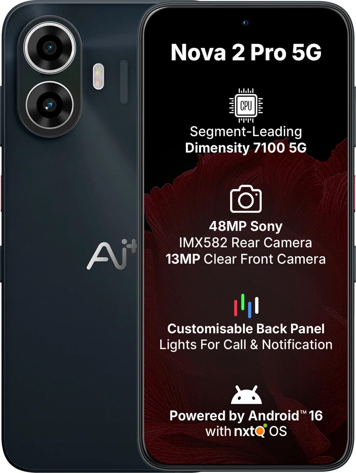 ai+ nova 2 pro 5g (128gb) smartphone (black, 8, gb) | 48mp imx582 camera, android 16 with nxto os, customisable back panel