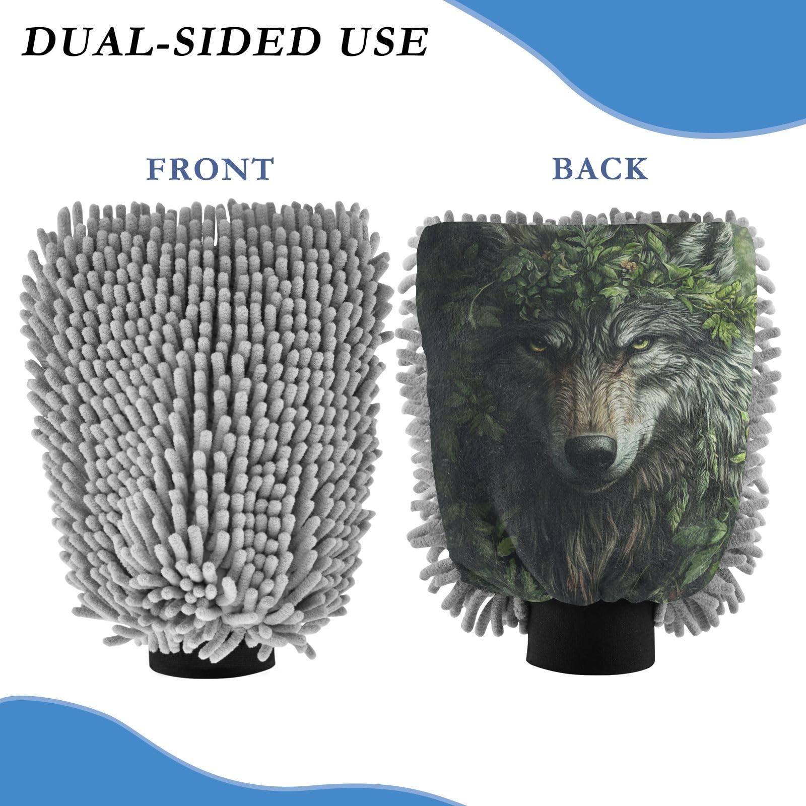 ALAZA Wolf of Forest Car Wash Mitt Scratch Free, 2 Pack Absorbent Microfiber/Chenille Washing & Drying Mitts, M