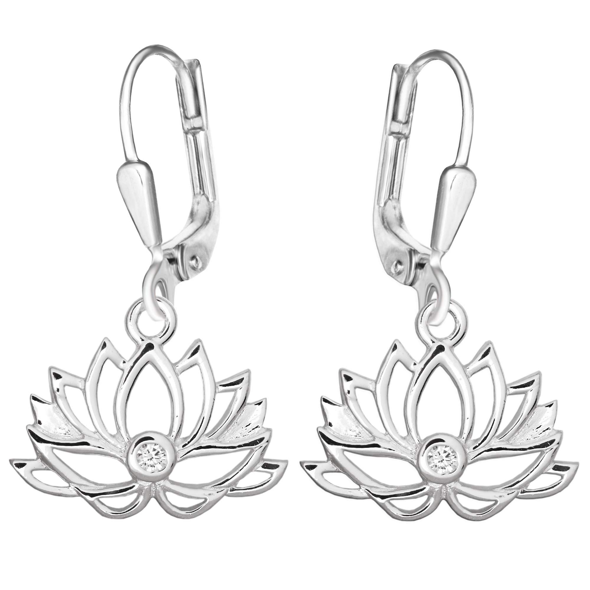 CLEVER SCHMUCK Silver Lotus Flower Earrings 28 mm as Women's Earrings 11 x 17 mm Flower Flower Lotus with Zirconia White Shiny 925 Sterling Silver in Case White, Precious metal, Cubic Zirconia