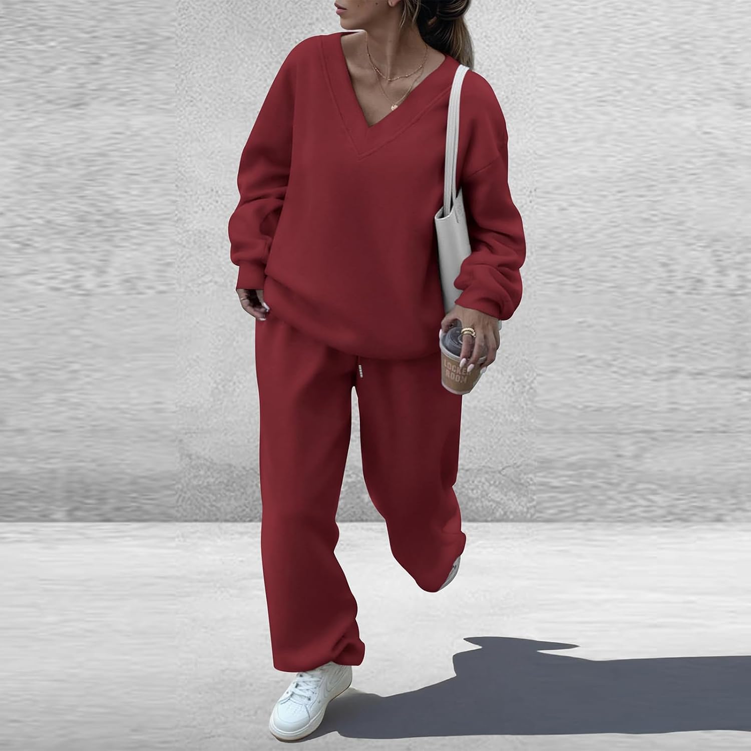 Women's Two Piece Set Sweatsuits V Neck Tracksuitual Loungewear Soft Fabric Long Sleeve Top And Wide Leg Pants