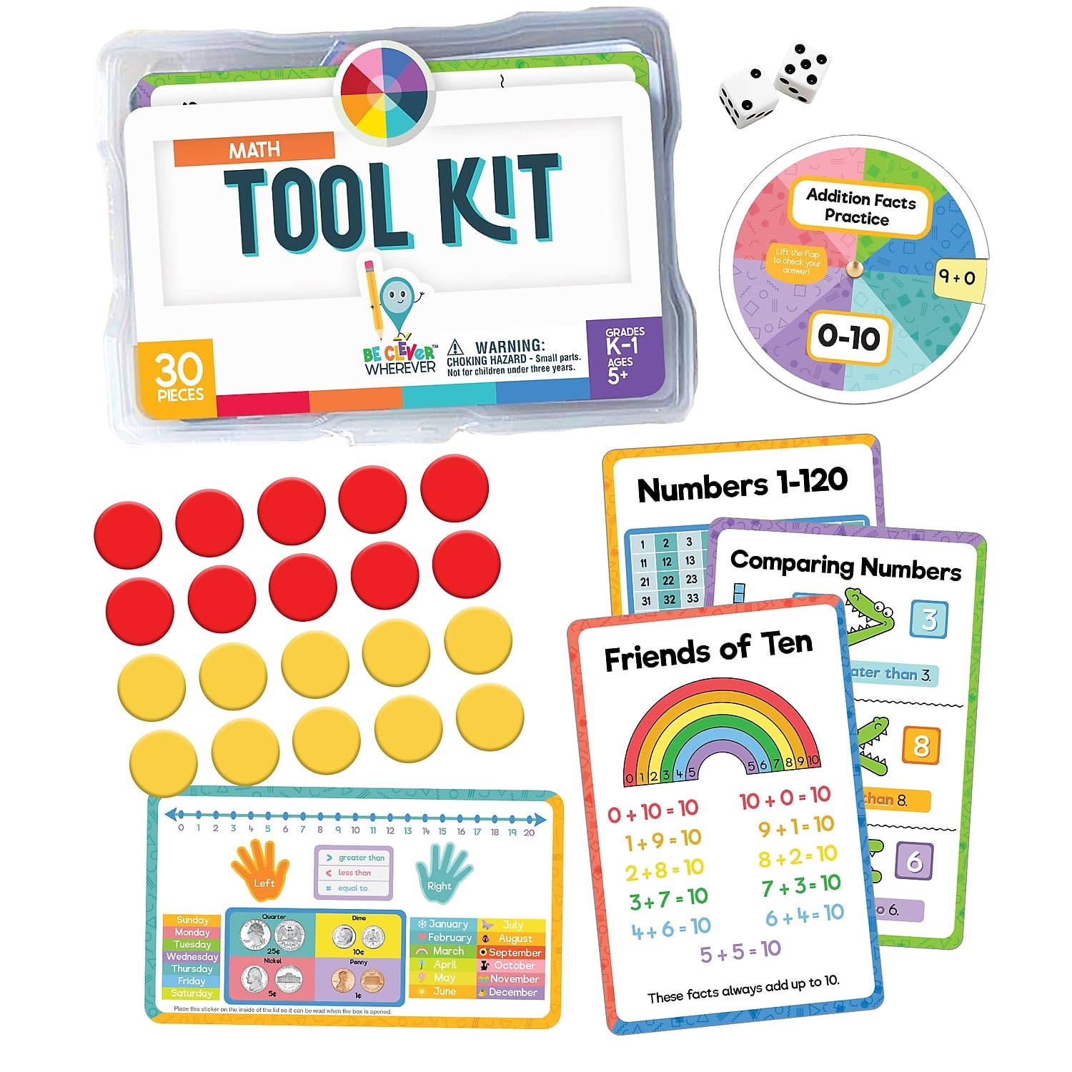 Carson Dellosa 30-Piece Be Clever Wherever K-1 Mathematics Tool Kit, Sticker Chart, Addition Spin Wheel, Dice Game, Counter, and More Math Manipulatives, Kindergarten and 1st Grade Learning Activities