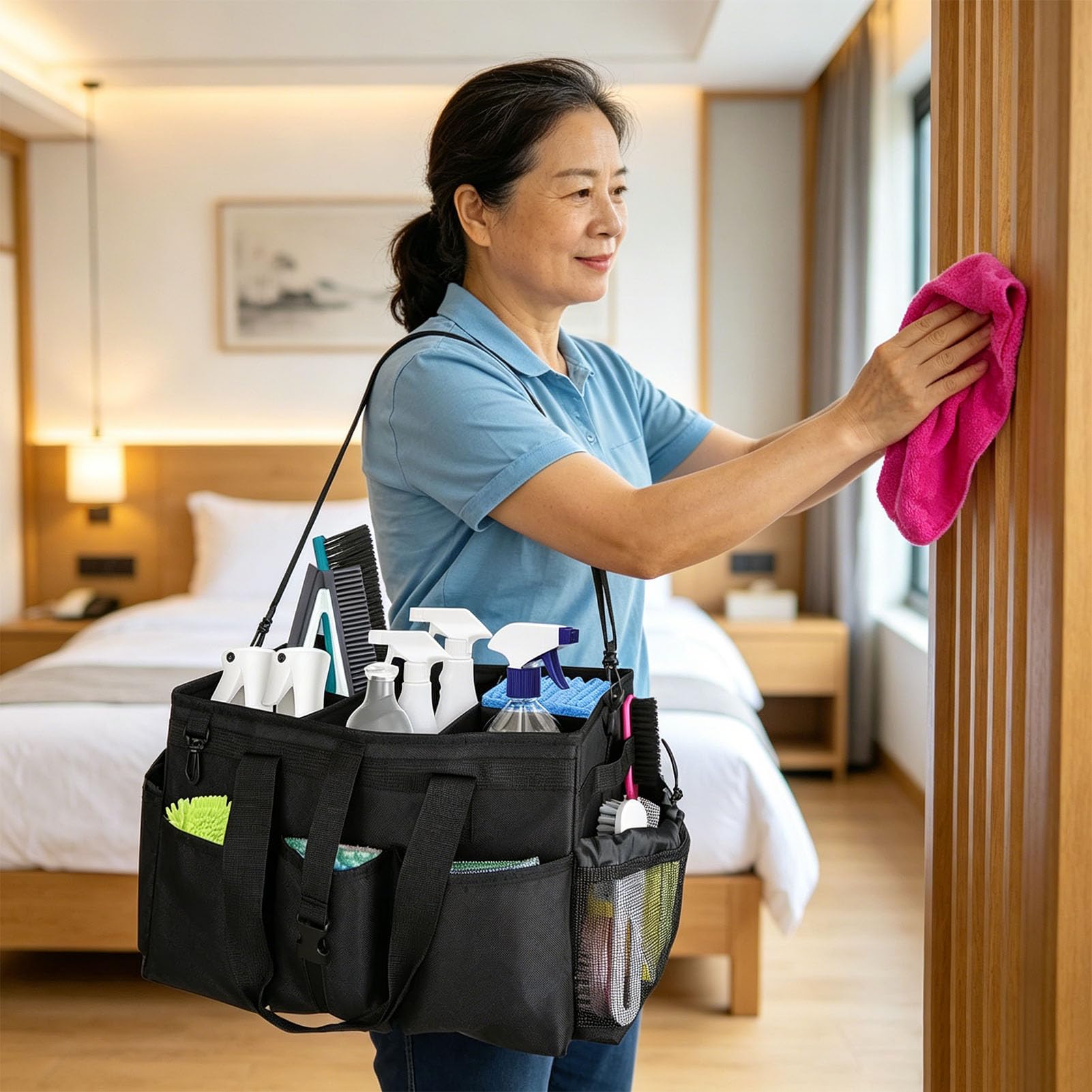 Luocute Bolsa de Limpieza, Organizador de Suministros de Limpieza Portátil con Asa, Correa de Hombro Ajustable, Divisores Extraíbles, para Amas de Casa, Lavado de Autos, del Hogar