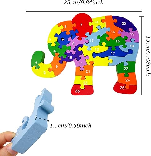 Miniatura 3 de Honbay Rompecabezas de elefante de madera colorido para niños de 3 a 7 años (letras y números)