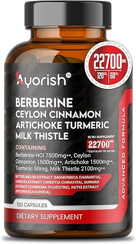 Miniatura 1 de Ayorish Suplemento de berberina equivalente a 7500 mg - Alta potencia con canela de Ceilán 1500 mg, alcachofa 1500 mg, cúrcuma 50 mg, cardo mariano