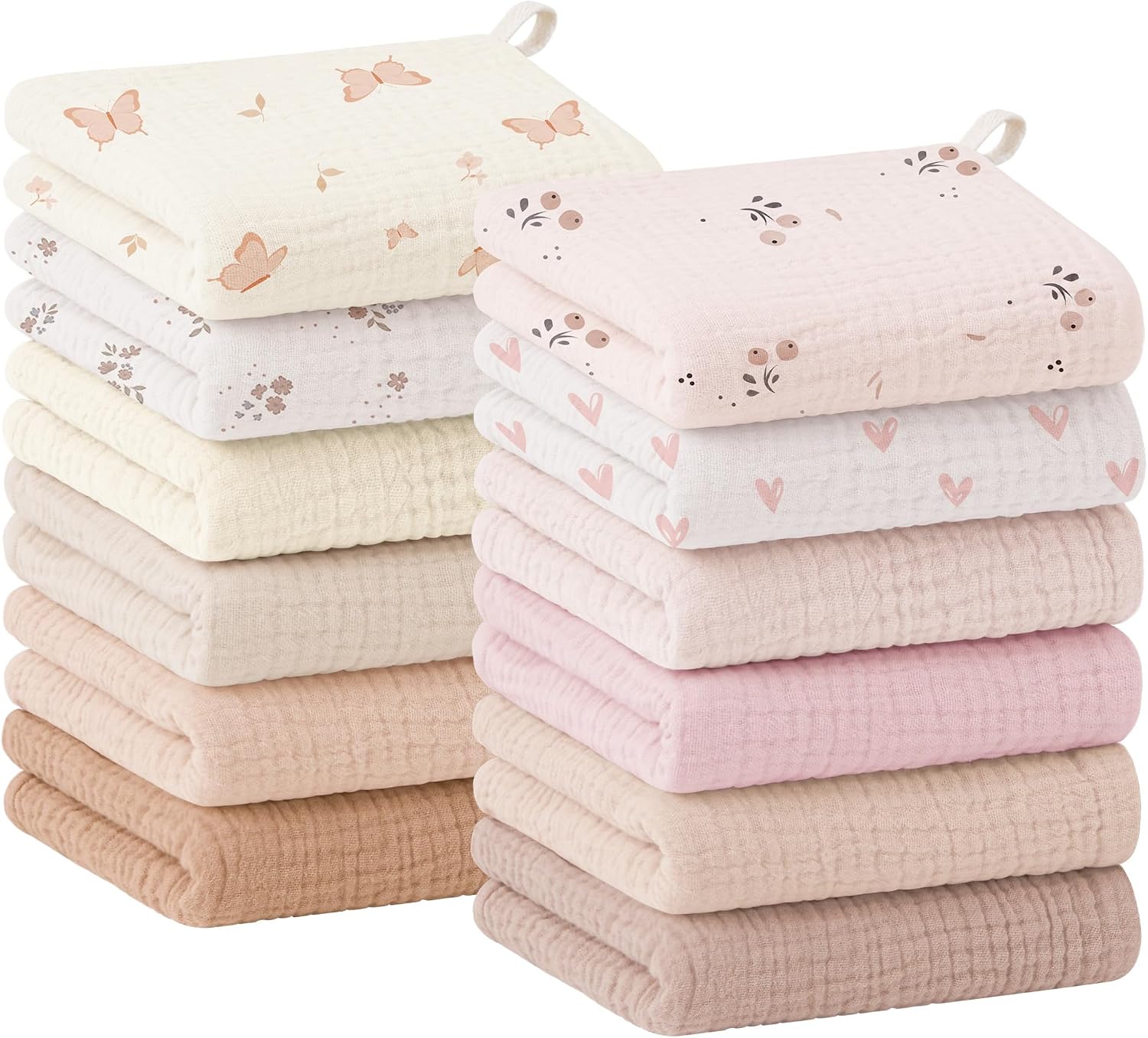 Bearmoss 12 Pack Baby Muslin Washcloths, 100% Cotton Soft Face Towels, 10"x10" Absorbent Bath Wash Cloths and Burp Cloths for Newborn Infants Kids Girls & Boys (Pink)