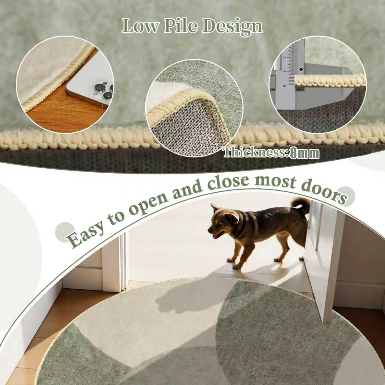 Runder Teppich 160cm Grün Beige Modern, Halbkreis Muster Flauschig Kurzflor, Antirutsch Wohnzimmer Teppich Waschbar Weich Kuschel