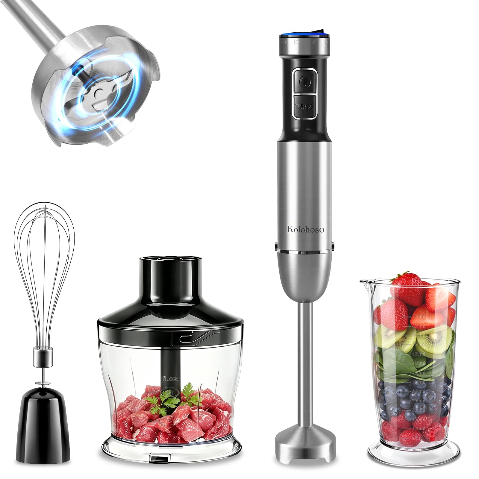 1500W Frullatore a Immersione 4 in 1 da 25 Velocità e TURBO | Multifunzione Immersione, Mixer Cucina con Frusta Tritatutto da 500 ml e Misurino da 700 ml per Preparare Pappe Zuppe e Salse