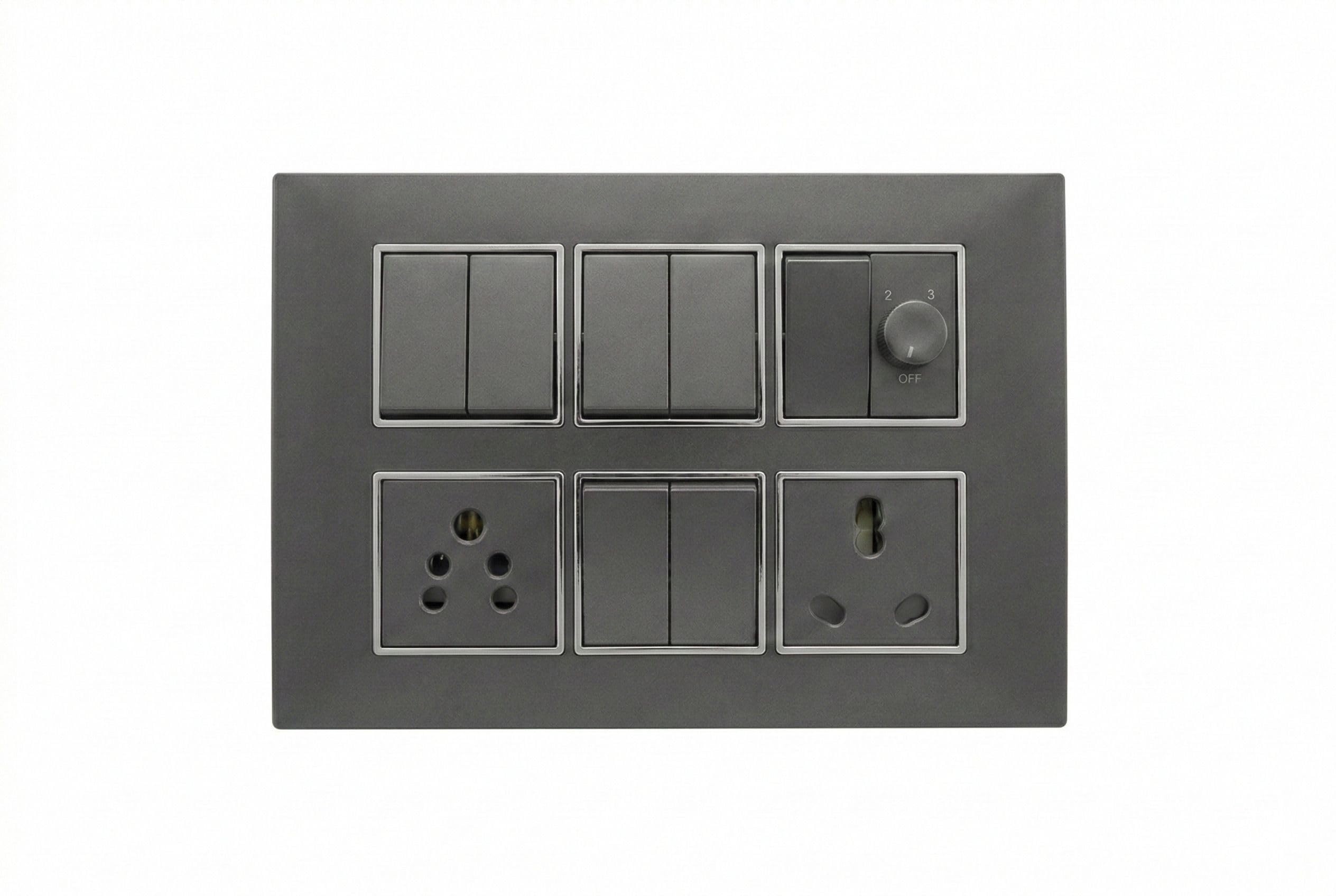 Premium Modular Electric Power Hub, 7 Switches 1 Fan Regulator 2 Sockets, Grey, Surface Mount, 1000W, ISI Certified, 20x15cm-image-21