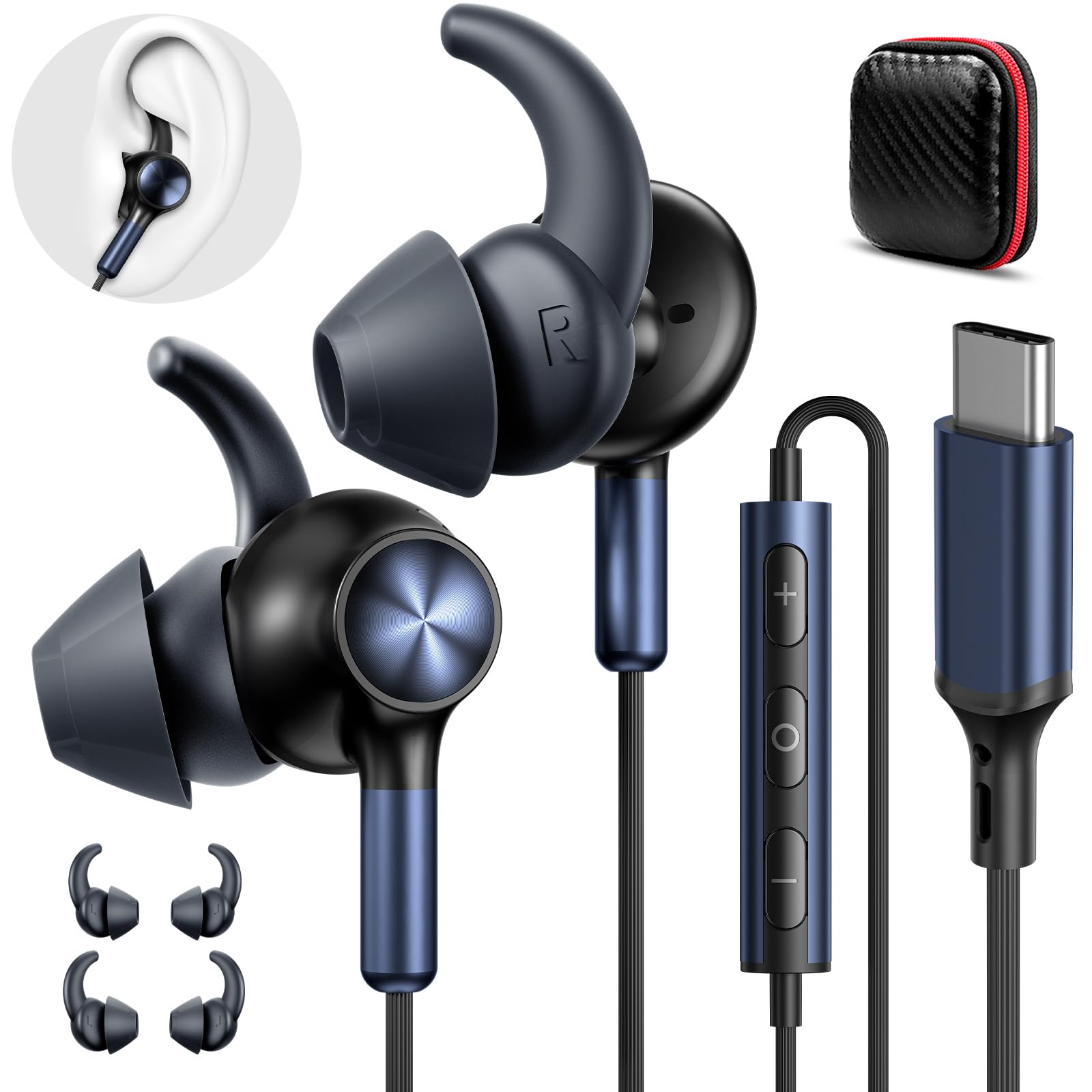 APETOO Auricolari con cavo USB-C con alette anti-allarme/ferite, per iPhone 16 15/iPad/Samsung/Android, microfono e controllo del volume, bassi stereo puri, cancellazione del rumore, auricolari in-ear
