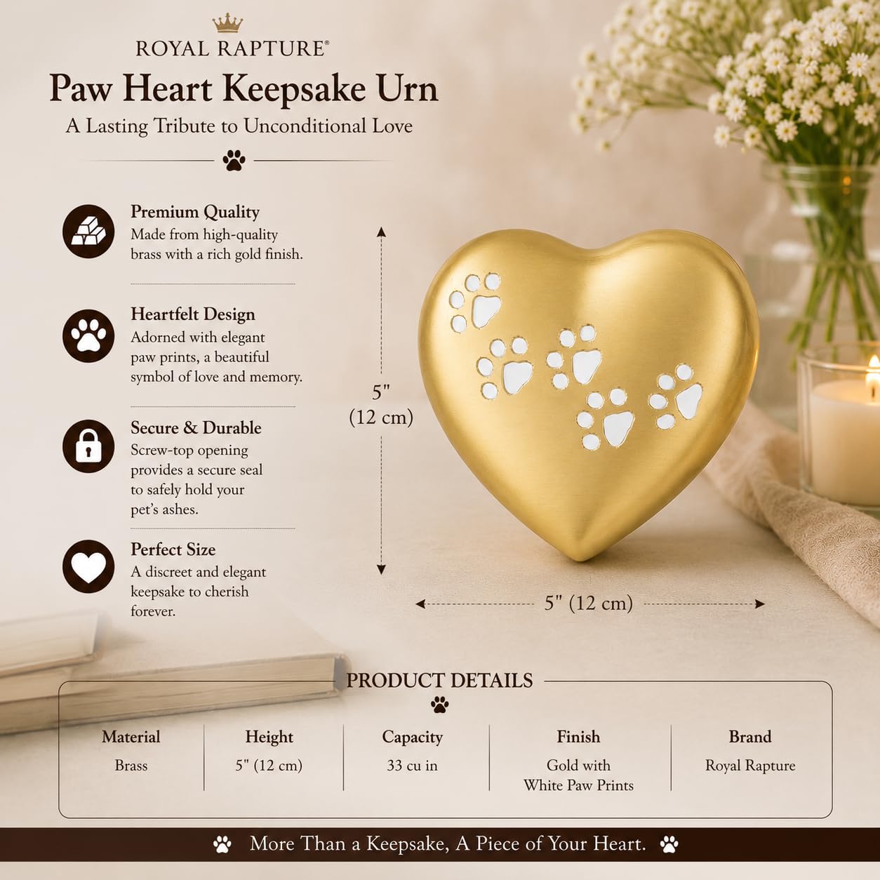 Heart Keepsake Ashes Pet Dog Cat Memorial URN for Ashes Heart Funeral Cremation 5" (Gold)