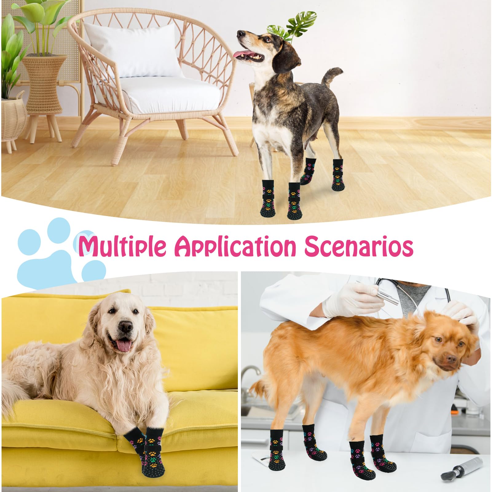 SCENEREAL Lot de 4 paires de chaussettes antidérapantes pour chiens de petite, moyenne et grande taille, protections de pattes avec pinces pour chiens âgés, chaussures pour chiens pour sols en bois