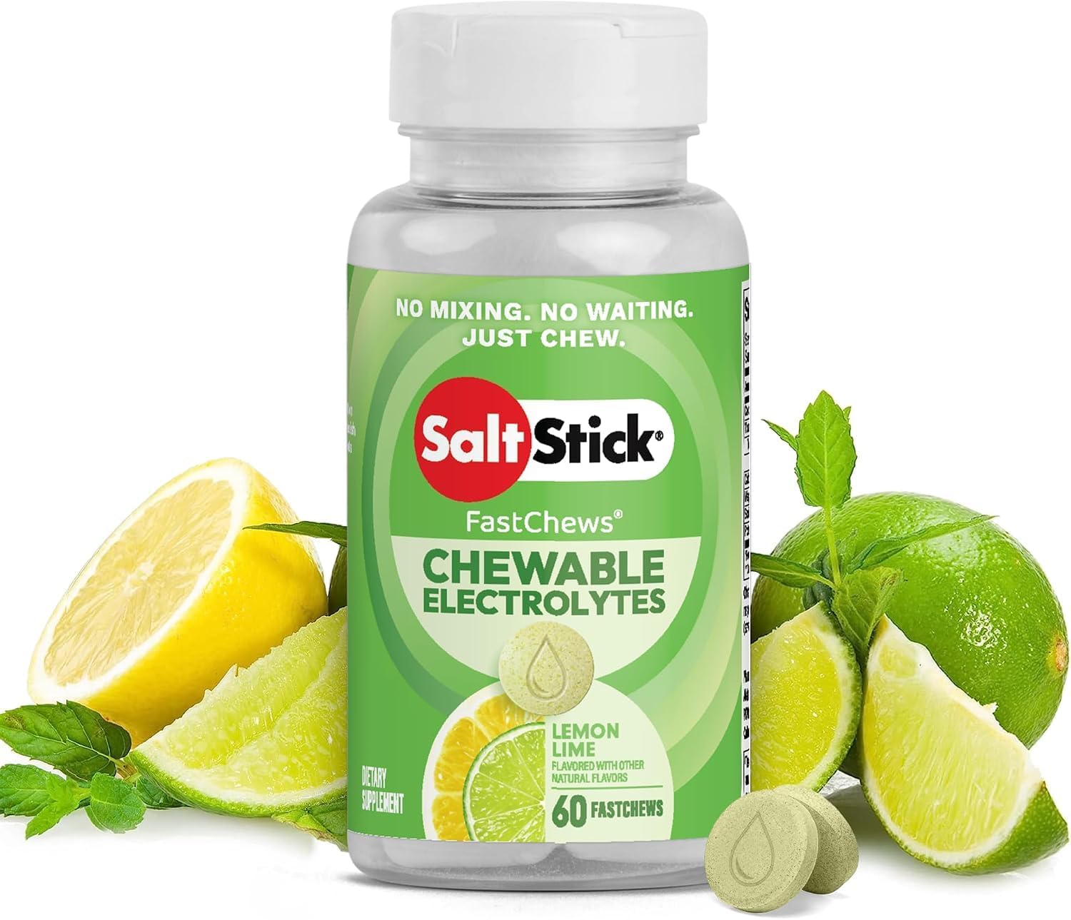 SaltStick FastChews Electrolytes | 60 Chewable Electrolyte Tablets | Salt Tablets for Runners and Endurance Sports Nutrition | Hydration Electrolyte Chews | Vegan | Lemon Lime | 60 Tablets
