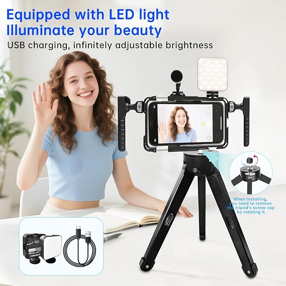 Phone Video Stabilizer Rig Kit: Phone Cage Rig for Video Recording with Handles LED Light Tripod - for Videomaker Videographer - for iPhone for Samsung for Pixel and Other Android Phones